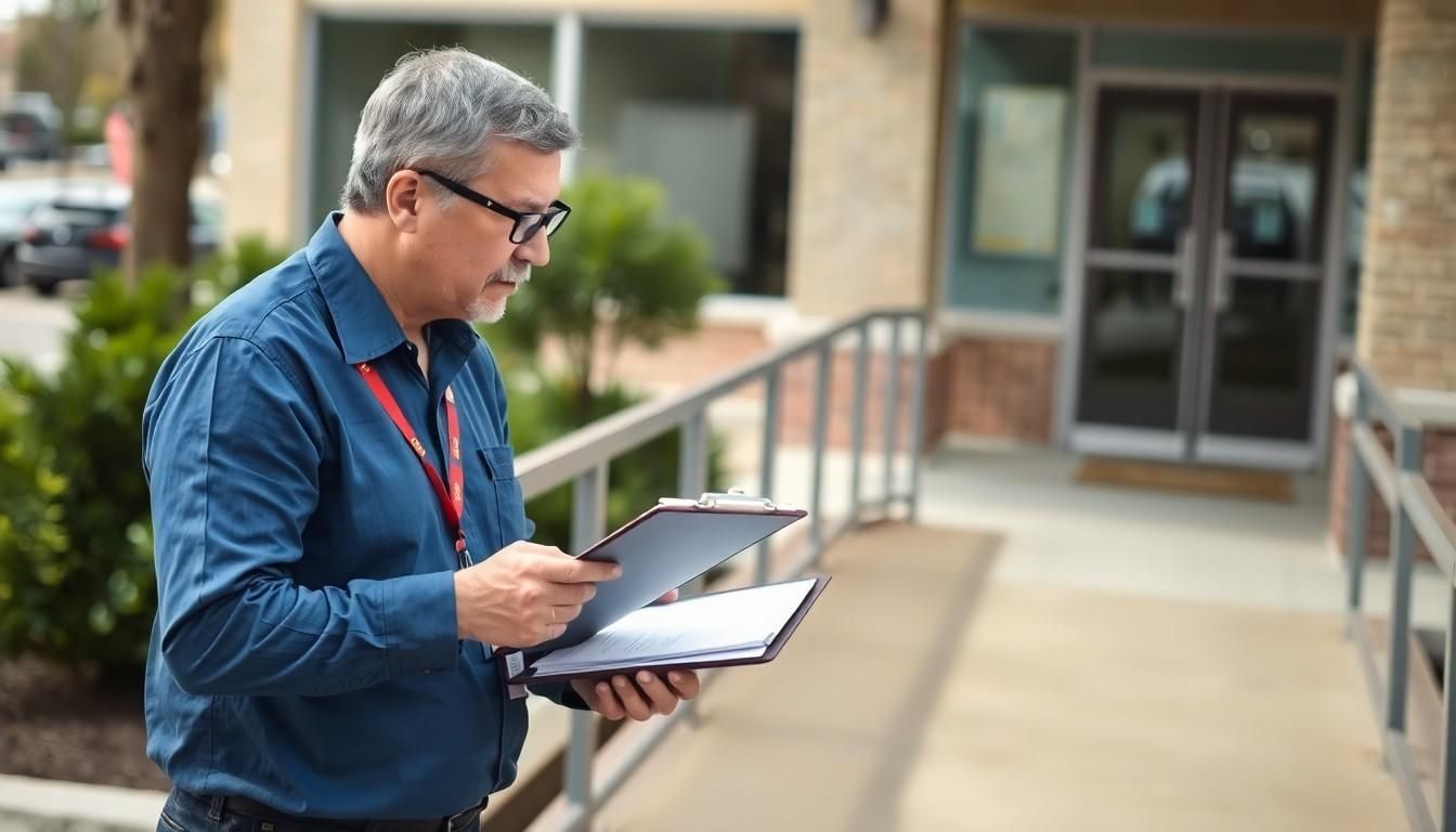 Man looking at a clipboard in front of a building