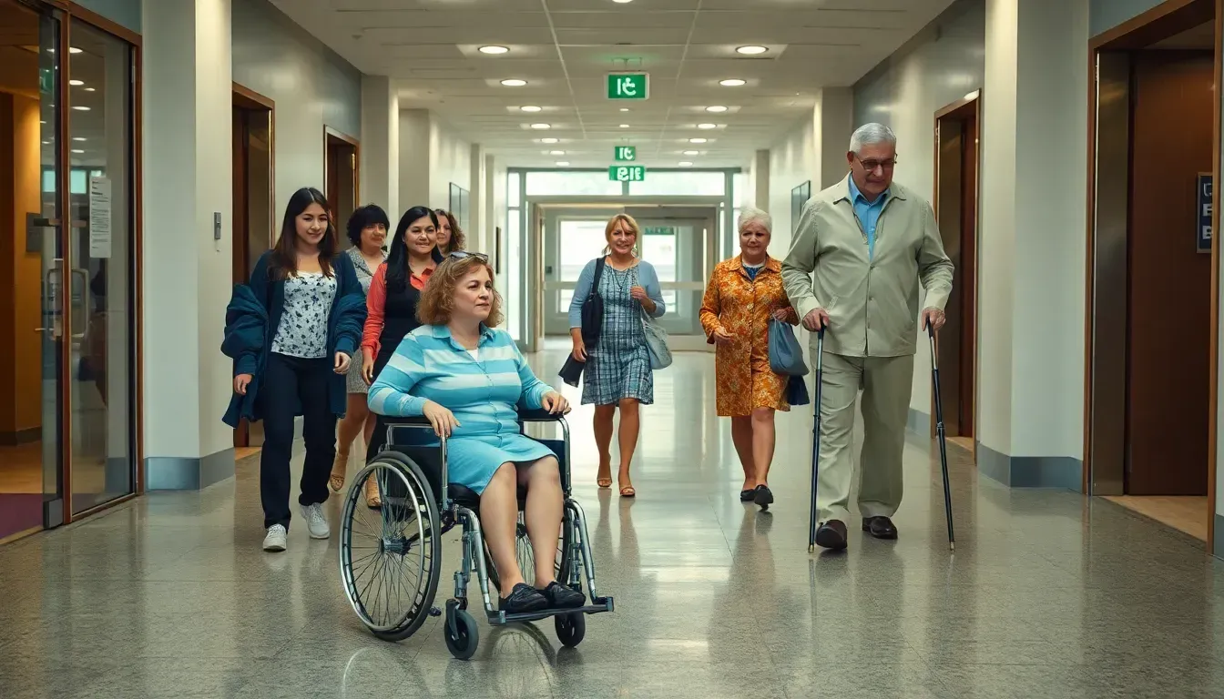 Woman in a wheelchair, people walking, and man with clutch