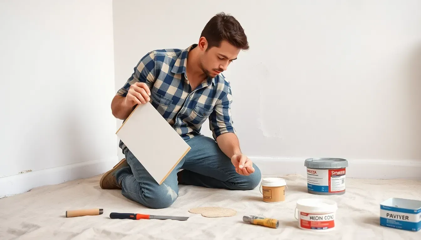 Man crouching on the floor with paint