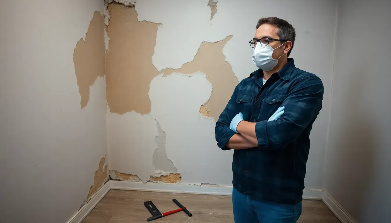 Man in mask in front of a dry wall