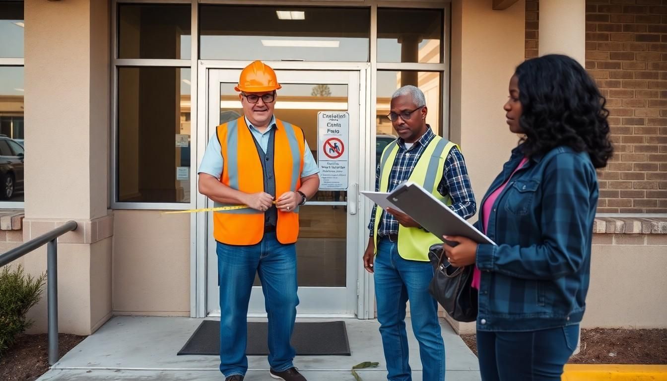 Inspectors in front of a building
