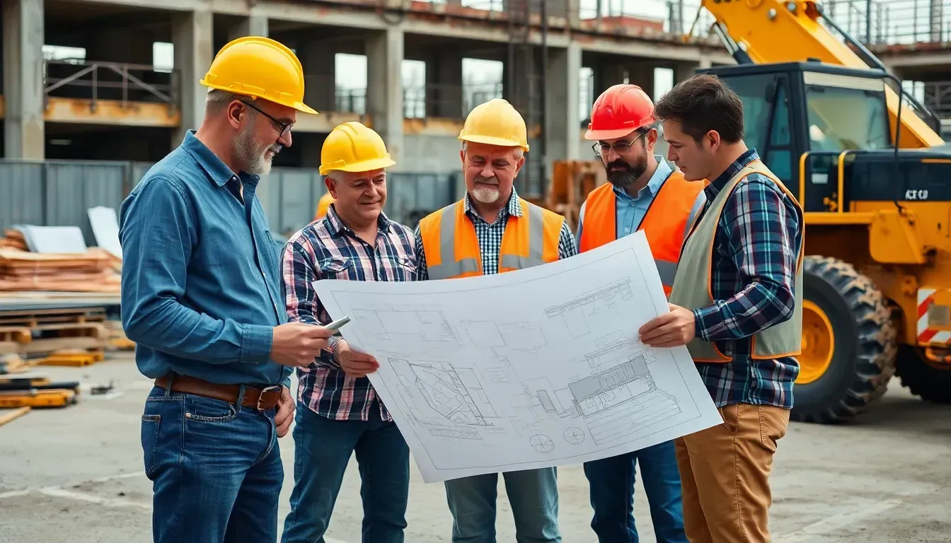 Engineers looking at a building plan in front of an uncompleted building
