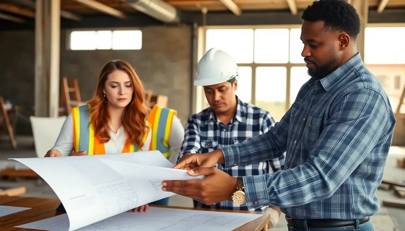 Building workers looking at a fin print