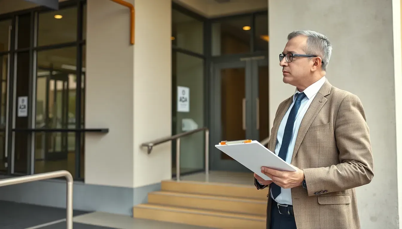 Man with notebook in hand in front of a building