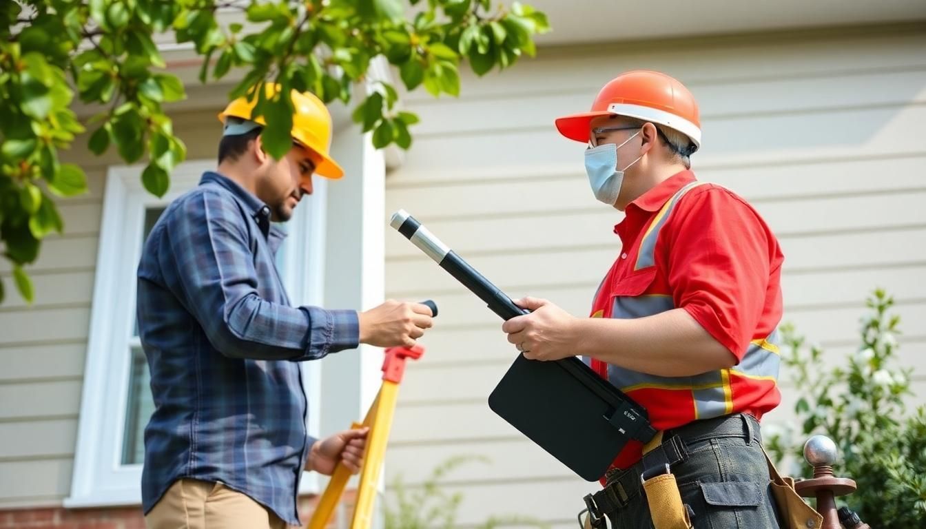 Home inspectors in front of a building