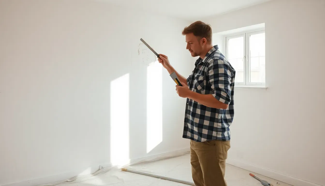Handyman holding a tape in the middle of the room