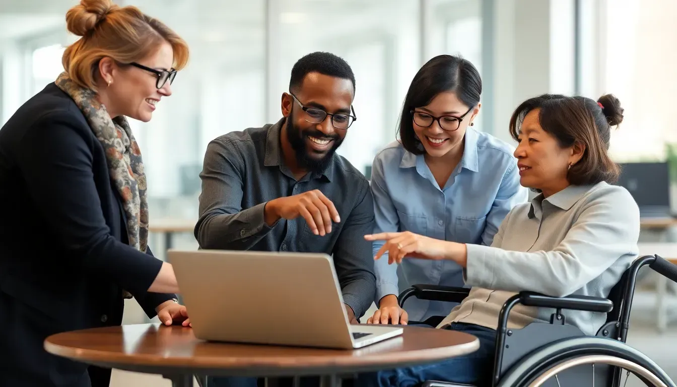 People teaching a woman something on a laptop