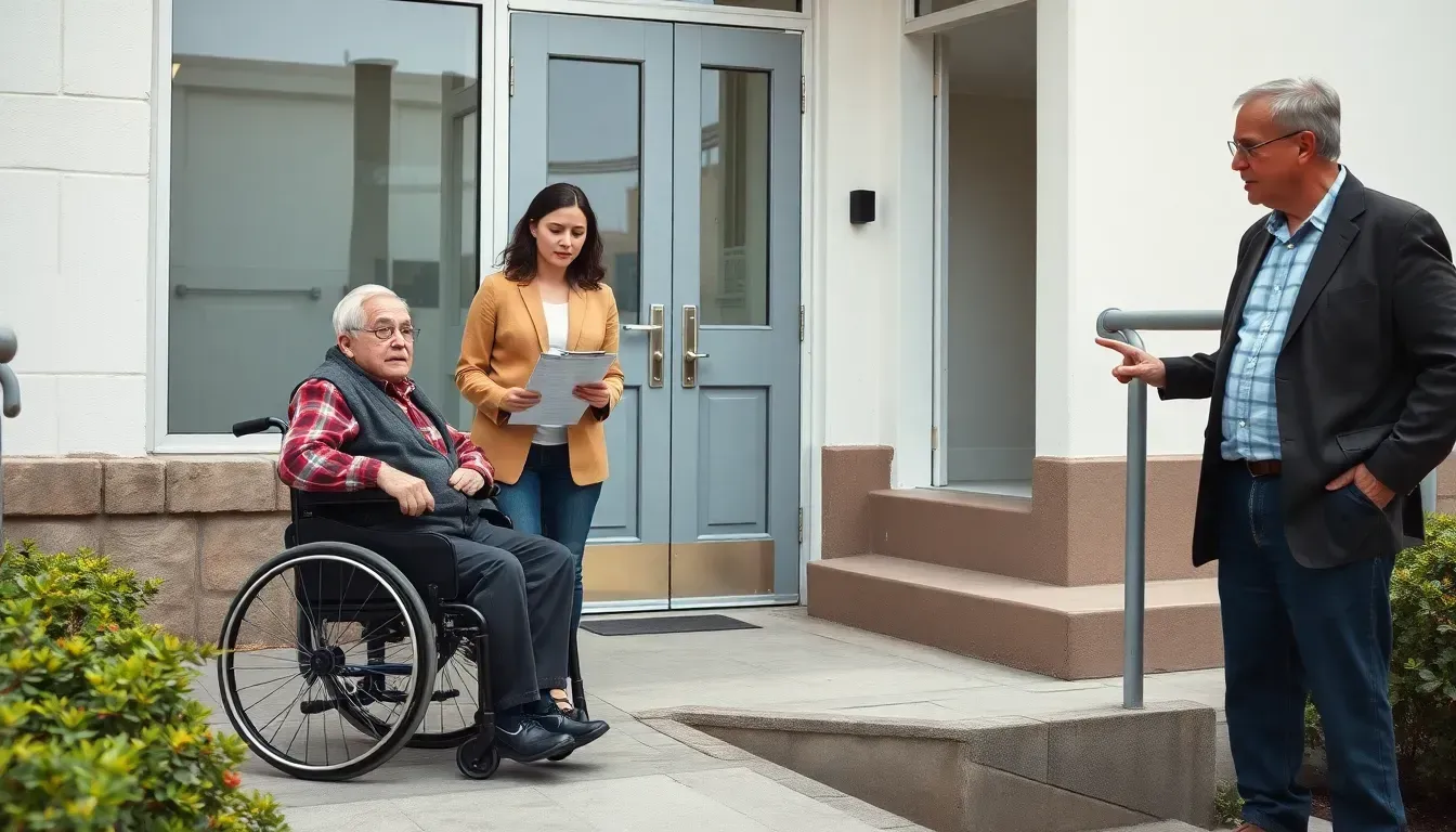 Woman in wheelchair, with man and woman standing in front of her