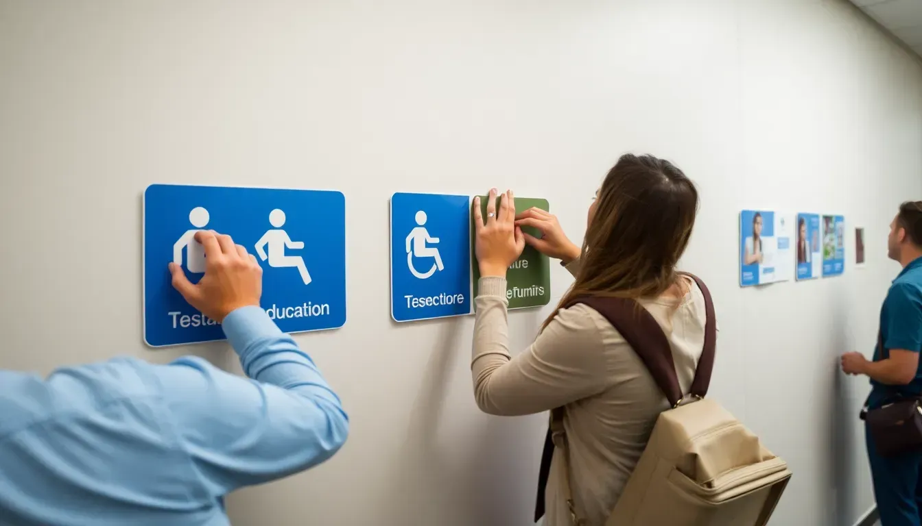 People pasting ADA wall signages