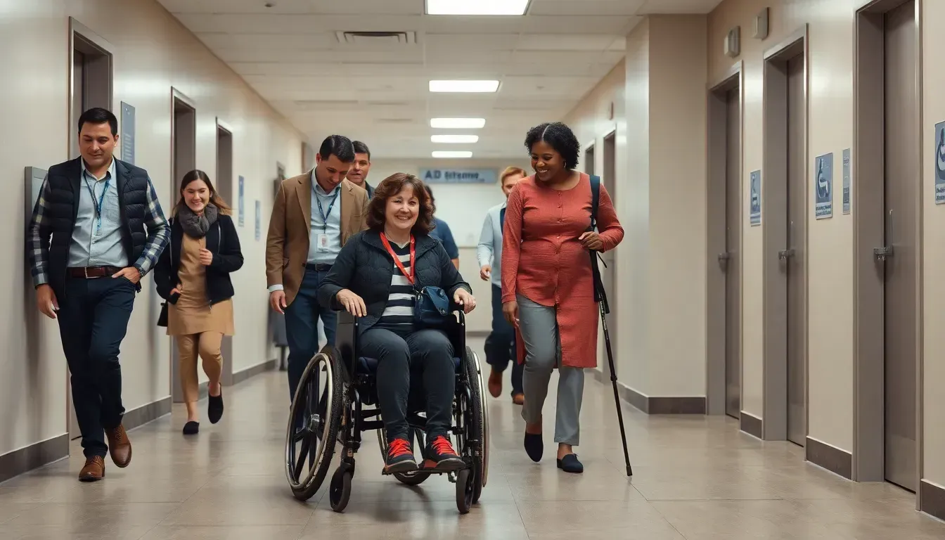 Woman in wheelchair and other people in a walk way