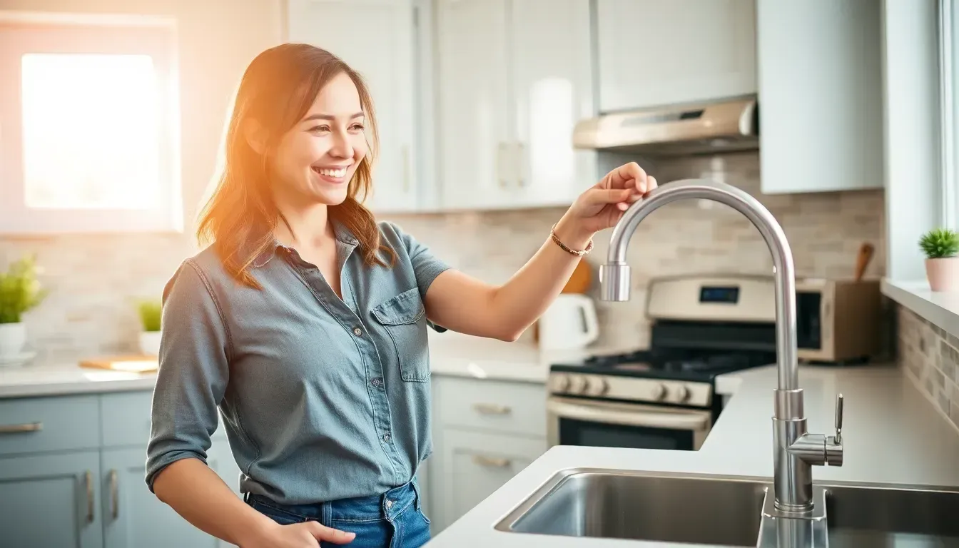 Woman in a kitchen touching the sink