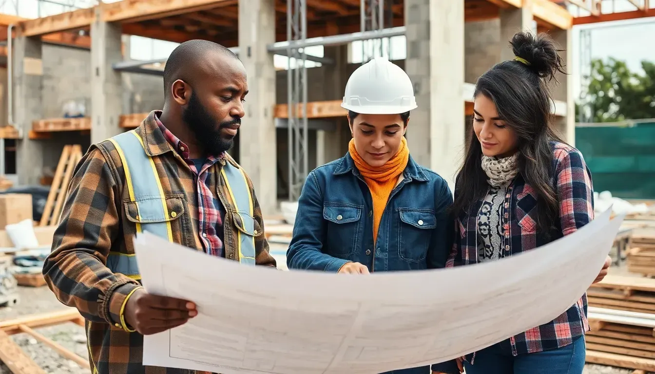 One man and two women engineers going over a building plan in front of a building