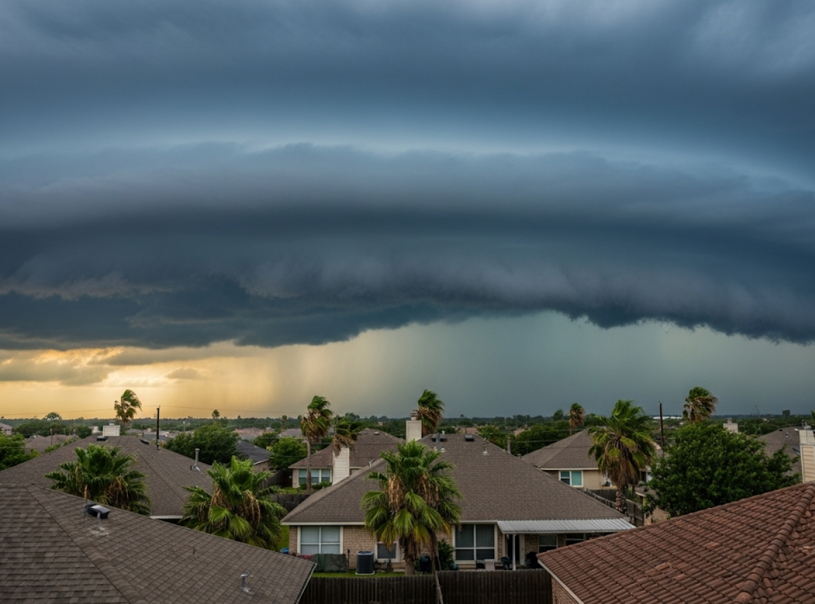 Gulf Coast storm clouds forming over residential rooftops in Pasadena, Texas.
