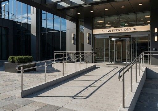 modern commercial building entrance with accessible ramp and handrails