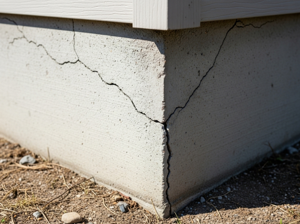 Foundation corner of a house with hairline cracks in concrete slab