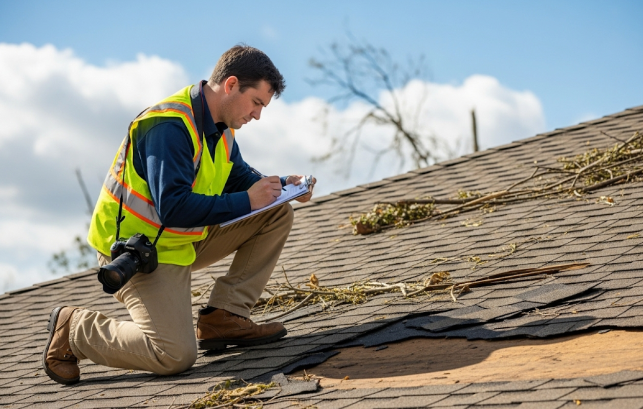 Inspector in safety vest documenting storm damage on a residential roof