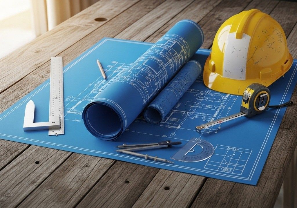 Set of blueprints spread across a wooden drafting table with measuring tools and a hard hat