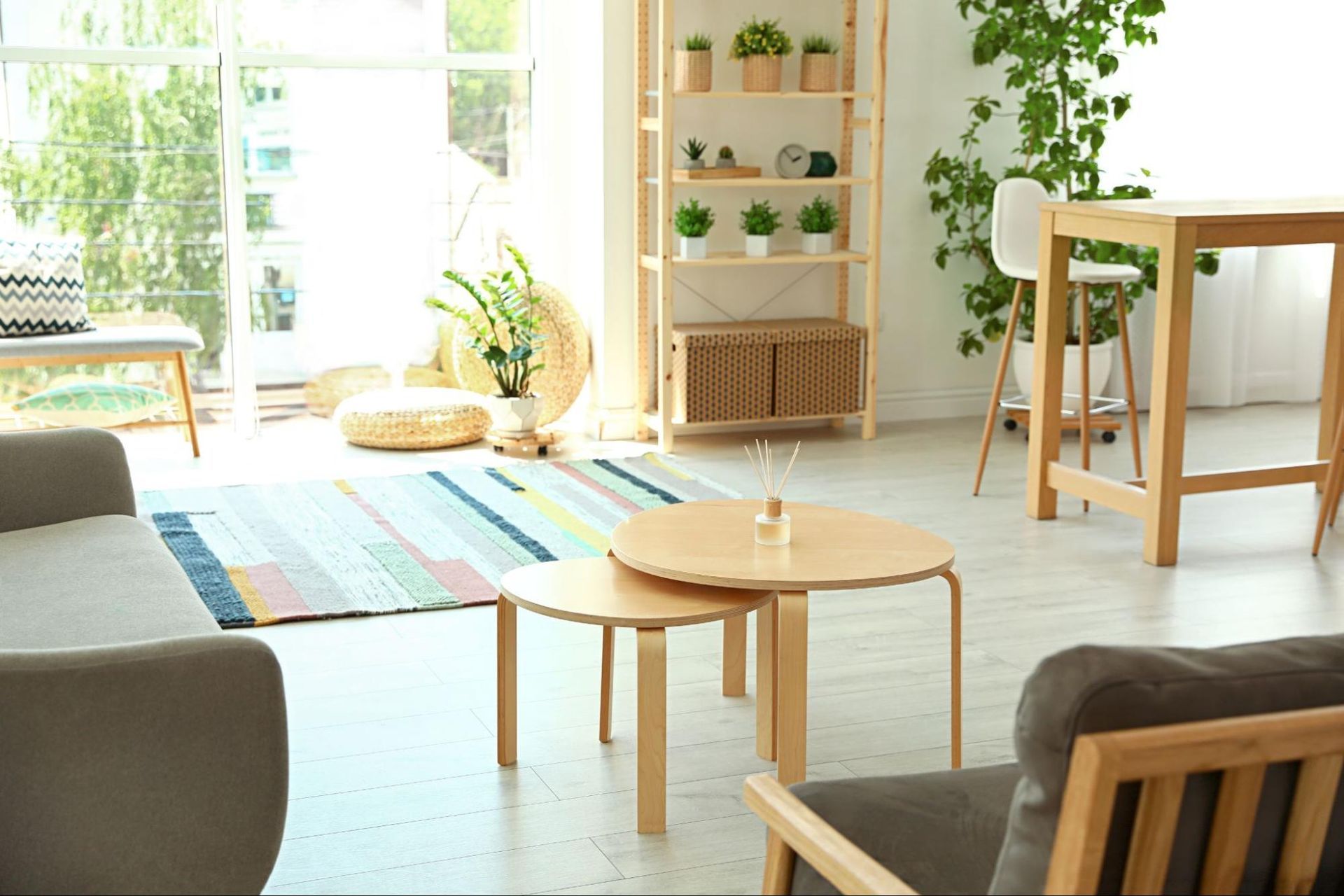 Bright living room with wooden furniture, indoor plants, and natural light