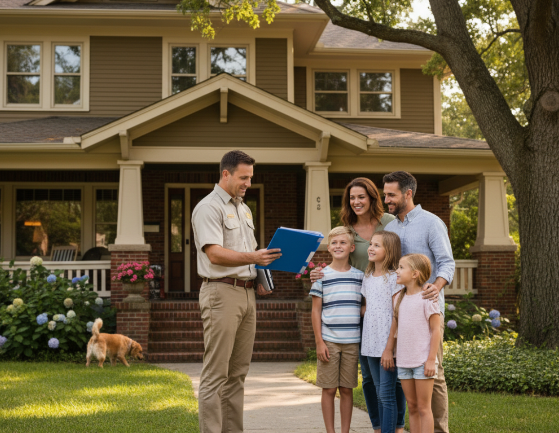 inspector handing inspection report to family standing in front of house