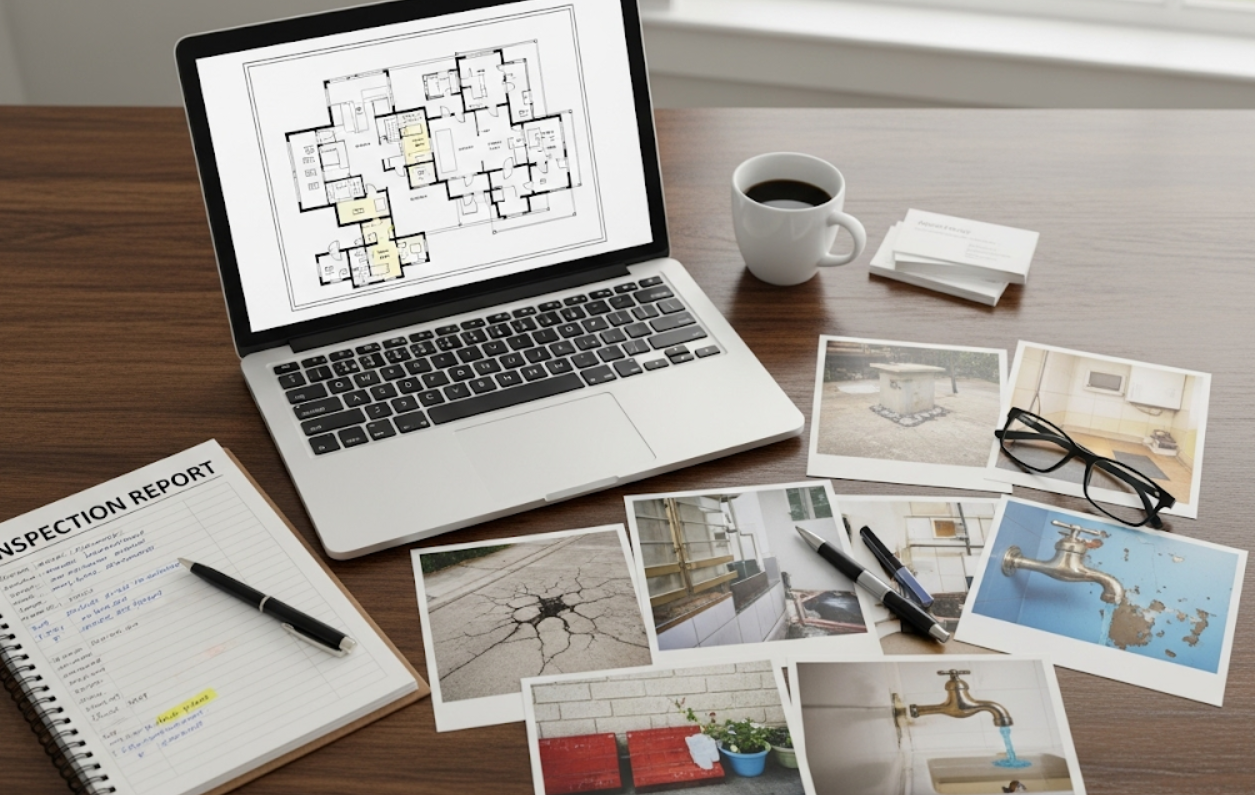 Inspector’s desk with an open laptop, inspection report, and printed photos of property conditions