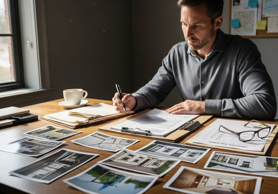 Inspector at a desk reviewing inspection report with property photos laid out for a home inspection 