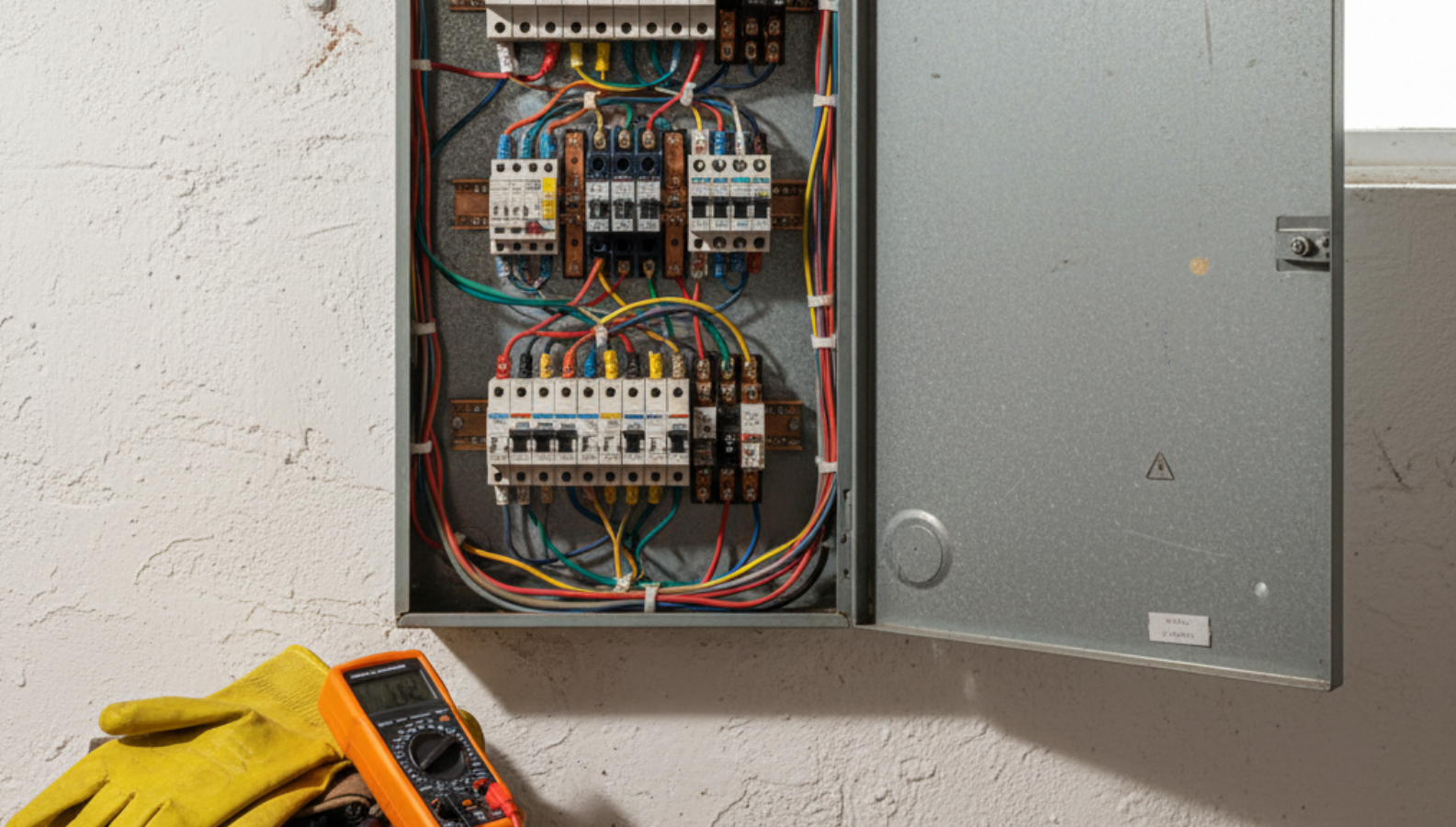 electrical panel with safety gloves nearby