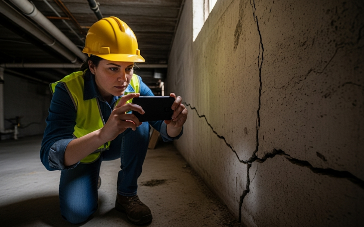 Inspector wearing hard hat photographing foundation cracks with a smartphone for documentation