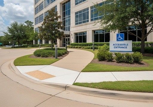 office building with a compliant accessible pathway and curb cuts