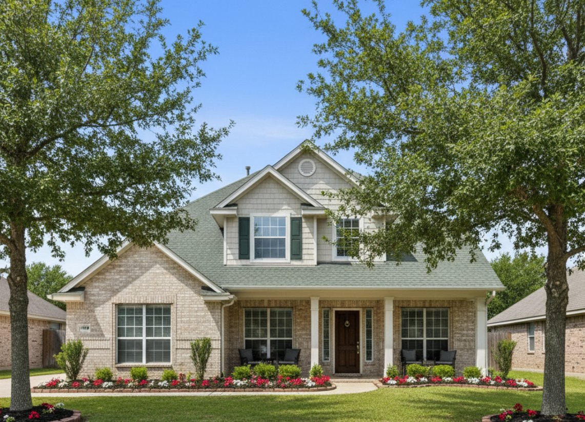 exterior of a single-family home in New Caney with clean yard