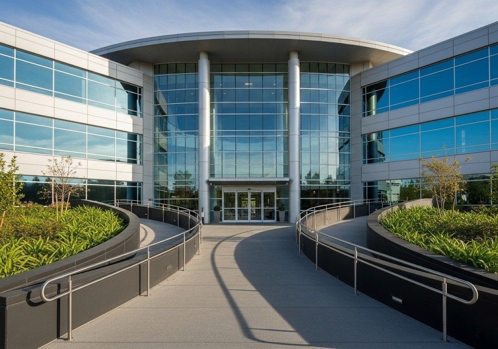 Modern office building with accessible ramps and wide entryways