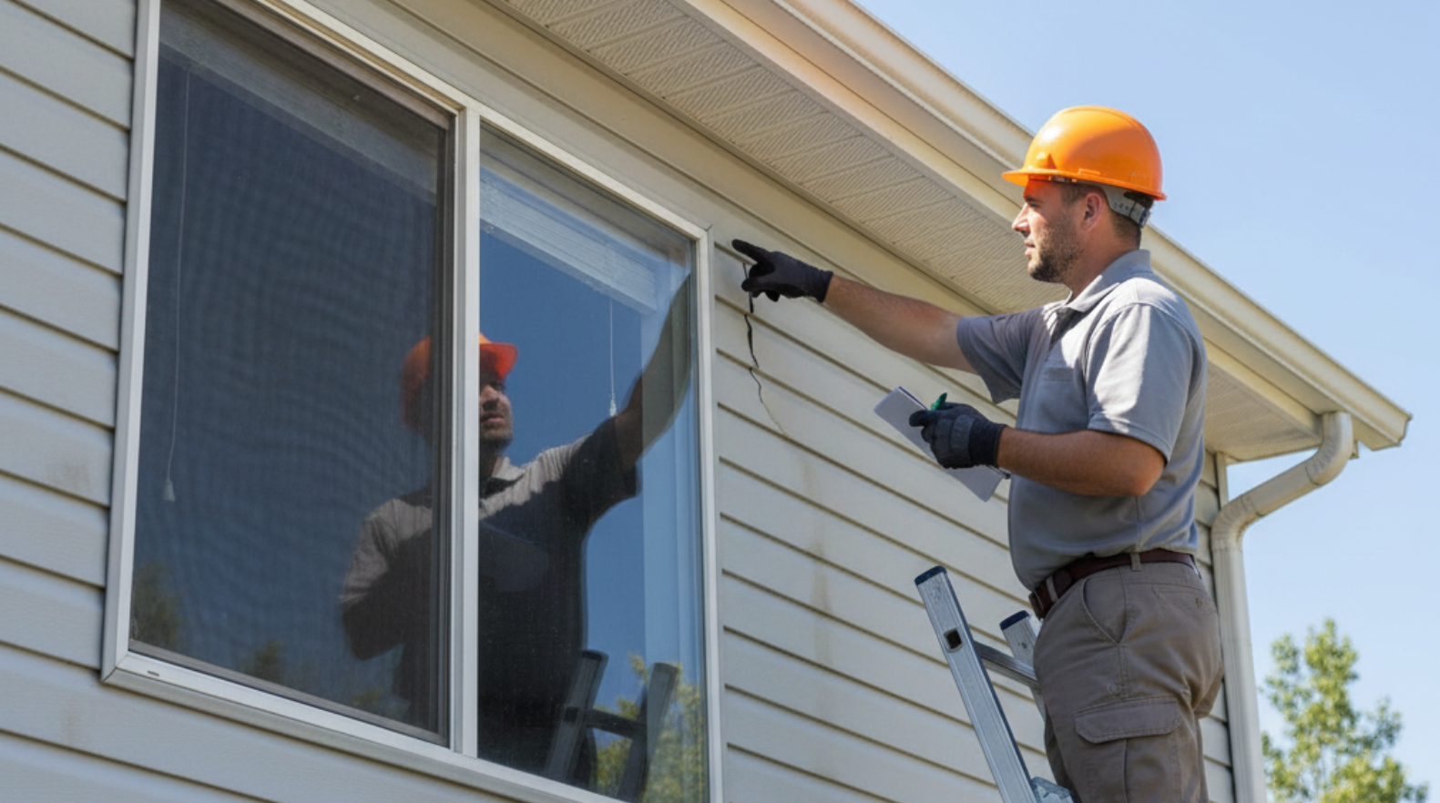 home exterior with gutters, siding, and windows being visually evaluated for condition