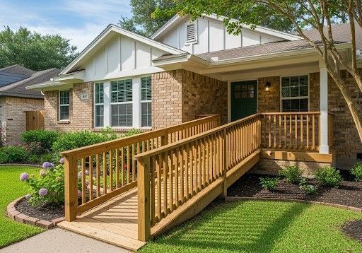home with a gently sloped accessibility ramp leading to the front porch