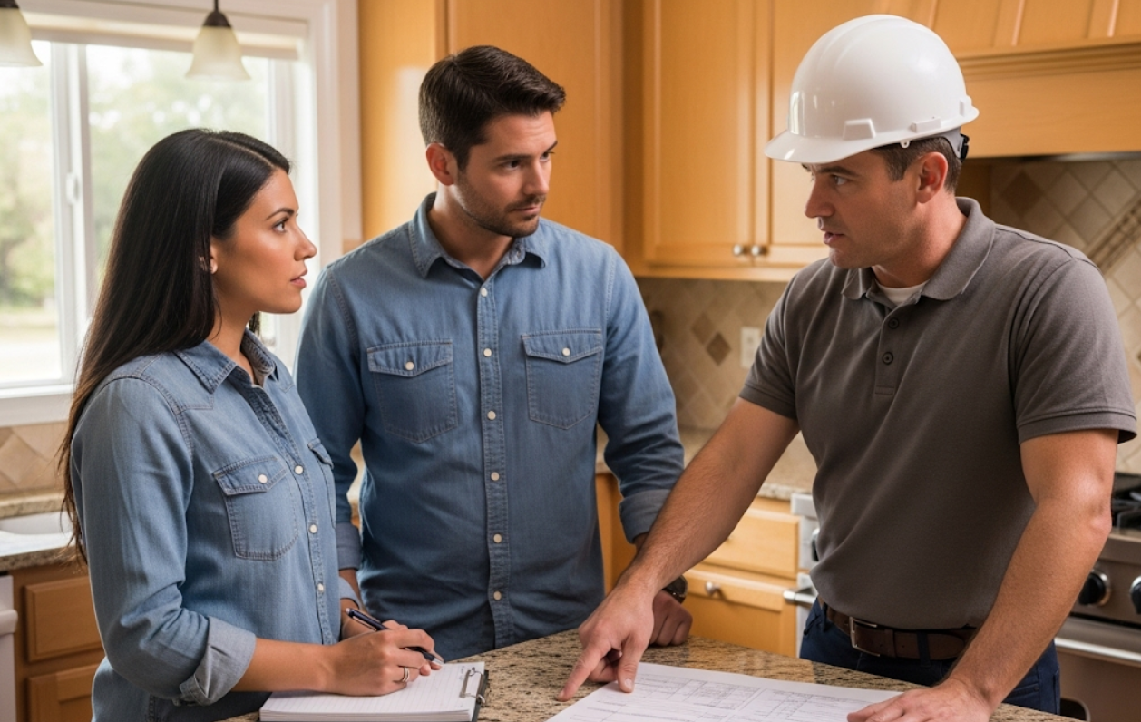 couple talking to home inspector