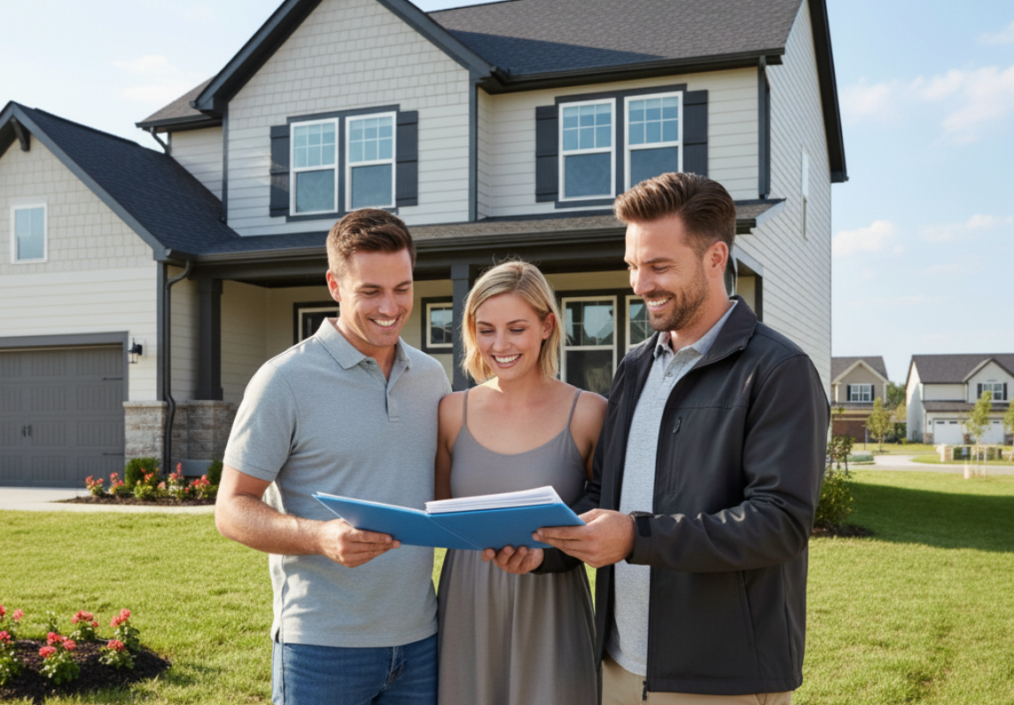 inspector handing completed report to a smiling couple in front of their new home
