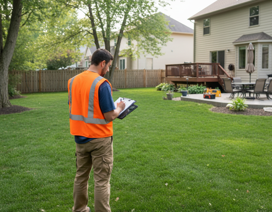 inspector in safety vest walking around residential backyard, noting property details