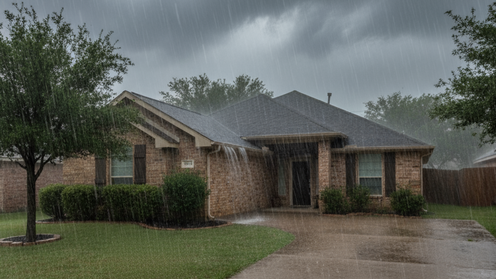 home exterior during heavy rainfall, representing inspection awareness of humidity and weather