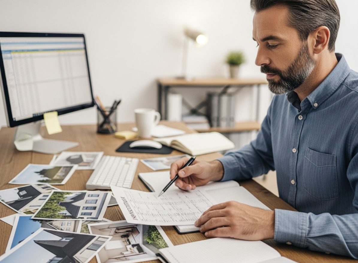 Inspector at a desk reviewing inspection report with property photos laid out