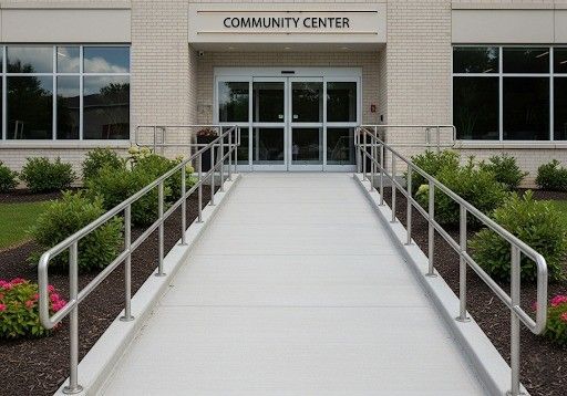 wheelchair-accessible ramp with handrails leading up to a building entrance