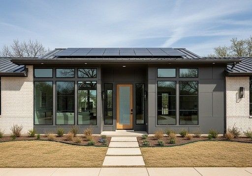home exterior with solar panels and energy-efficient roofing