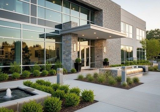 Commercial building with updated exterior design and clean landscaping