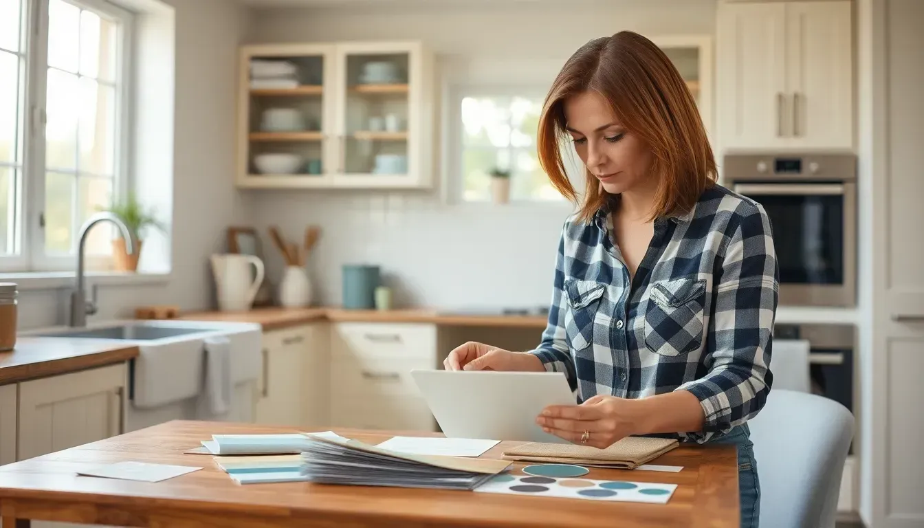 Woman holding paper on a kitchen counter