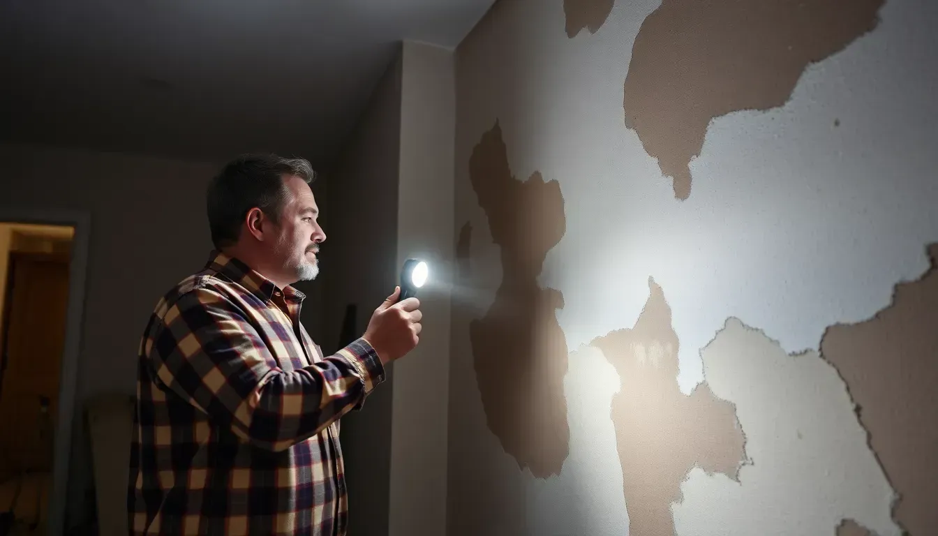 Man pointing a flashlight on a wall with mold