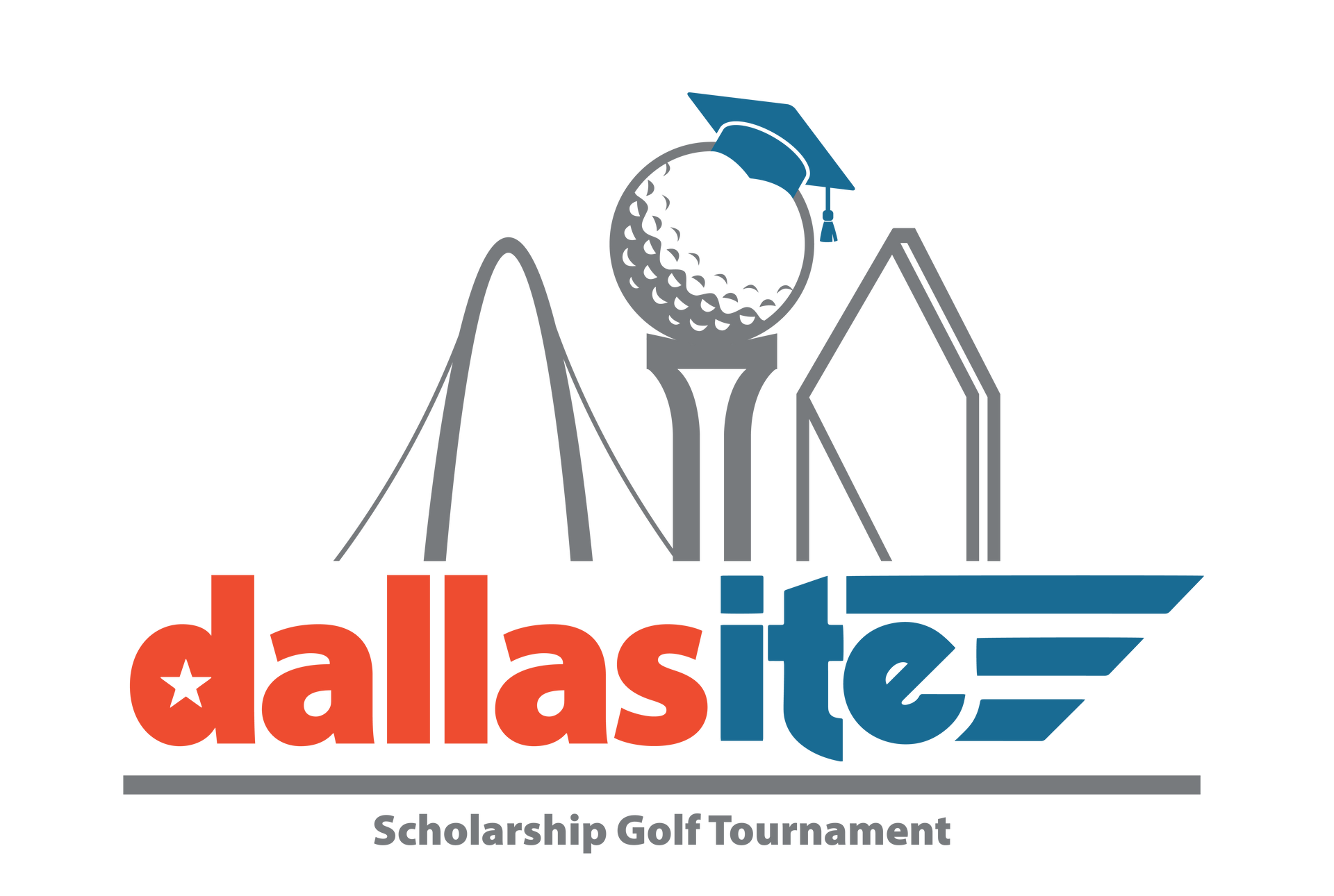 A logo for a scholarship golf tournament with a golf ball and a graduation cap.