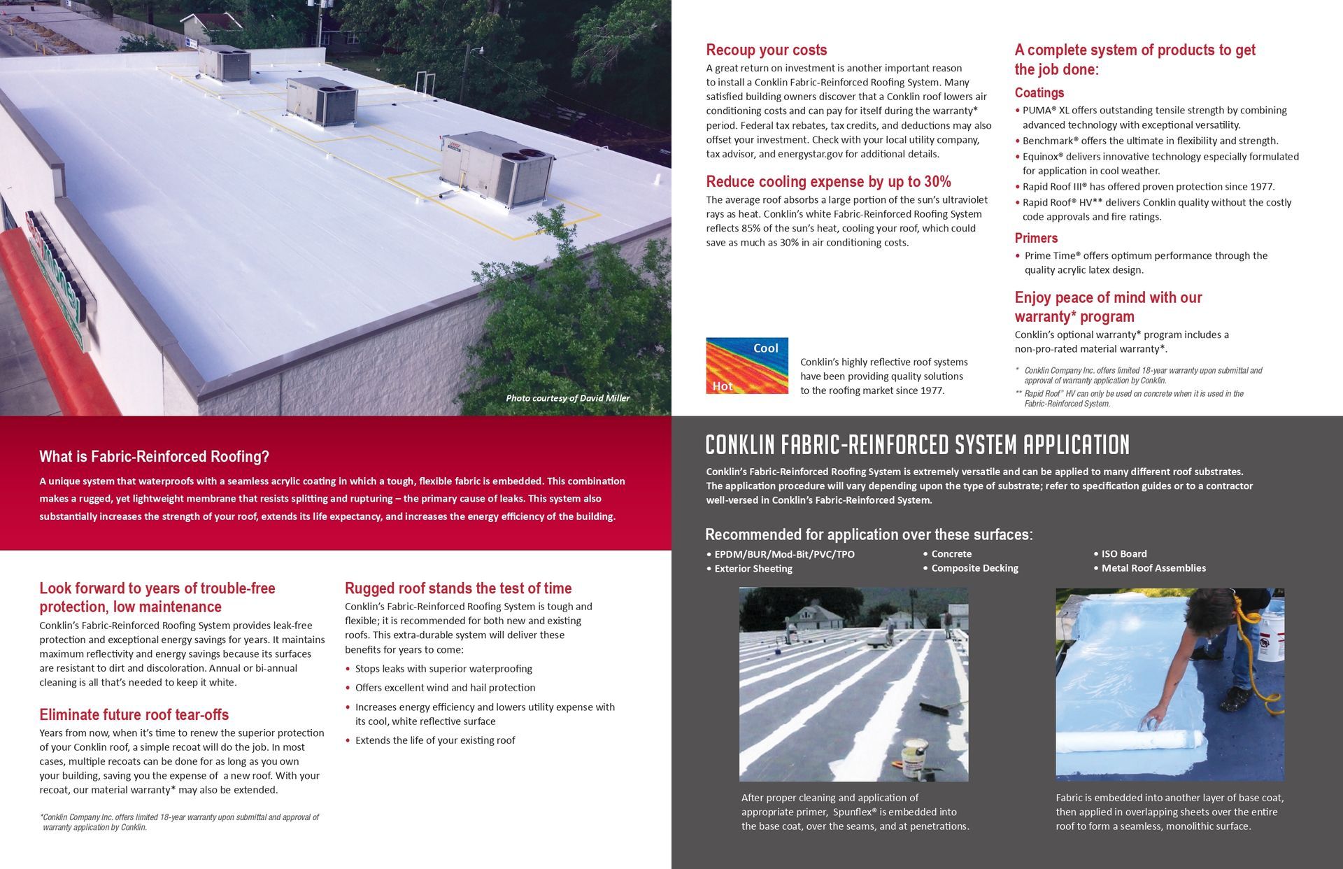 Flat commercial roof coated white, adjacent to printed brochure with details.