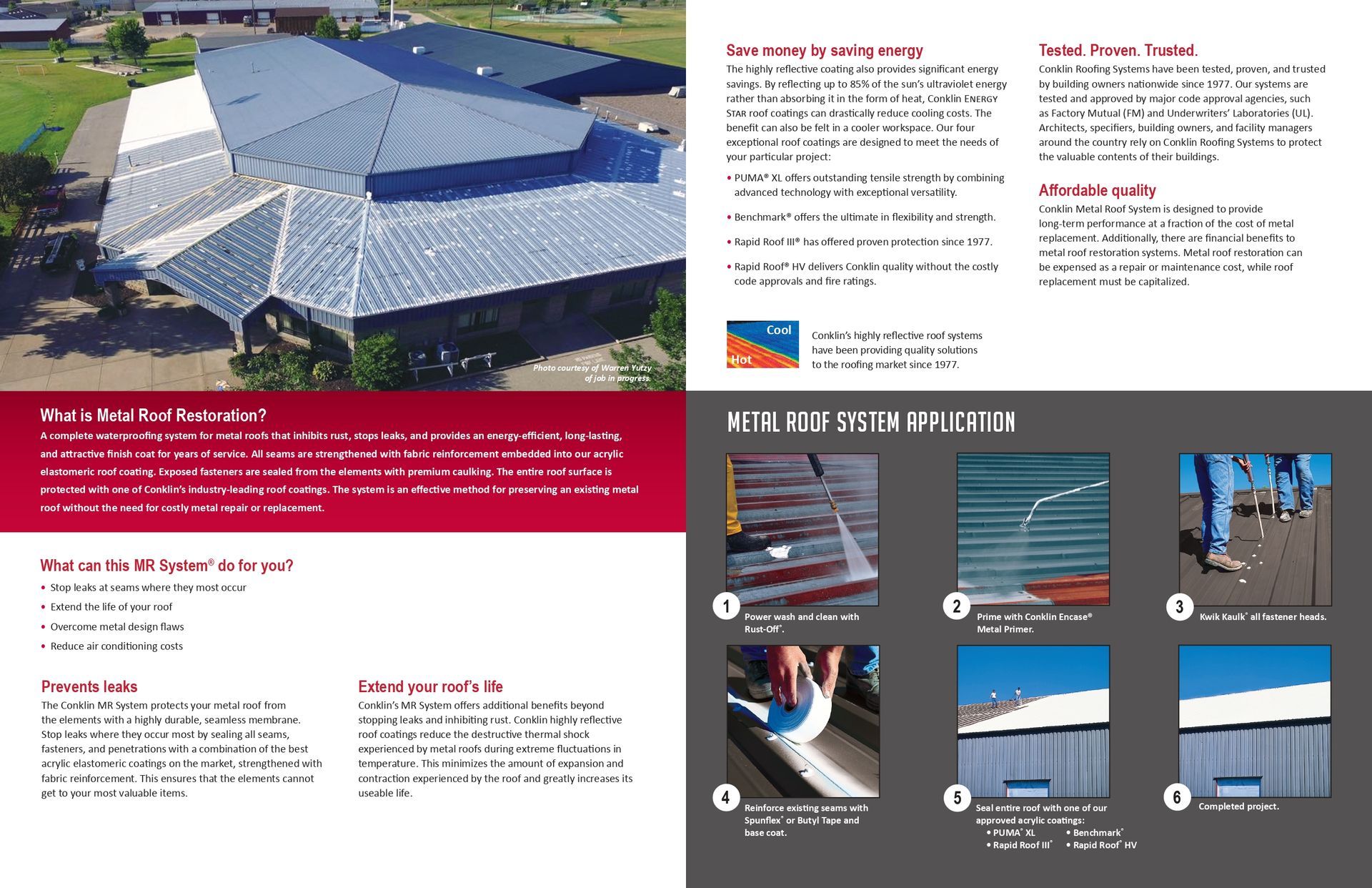 Large building with a metal roof. Brochure includes text and diagrams about roofing.