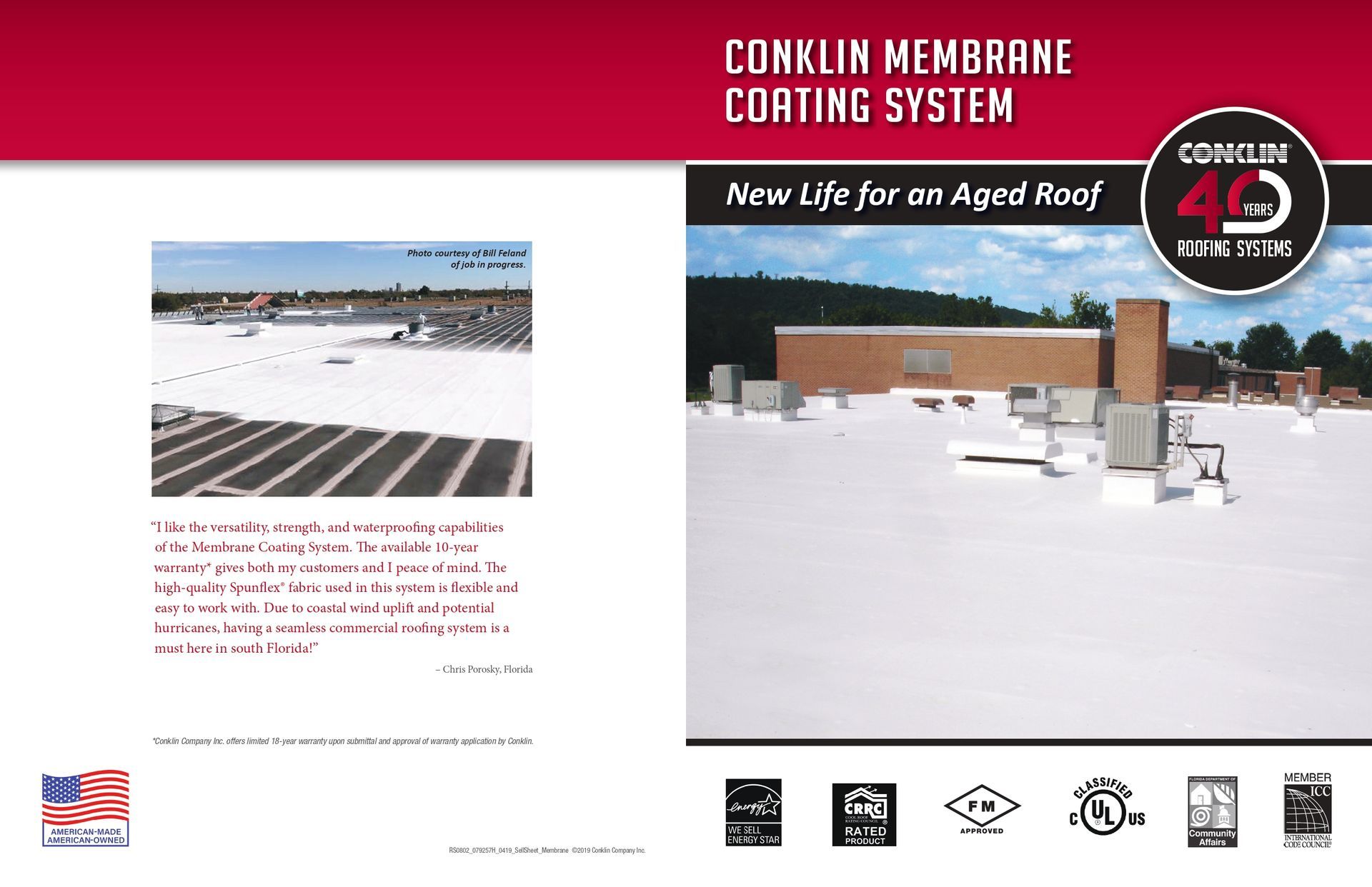 Conklin Membrane Coating System brochure showing white roof with text
