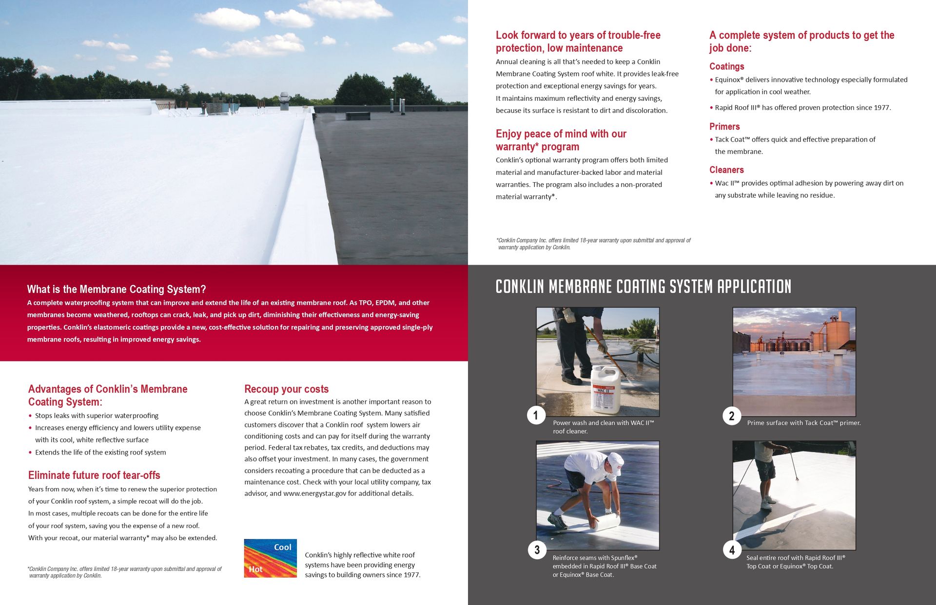 White roofing installation, workers applying coating; instructional brochure with step-by-step photos.