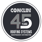 A logo for conklin 45 years roofing systems independent distributor.