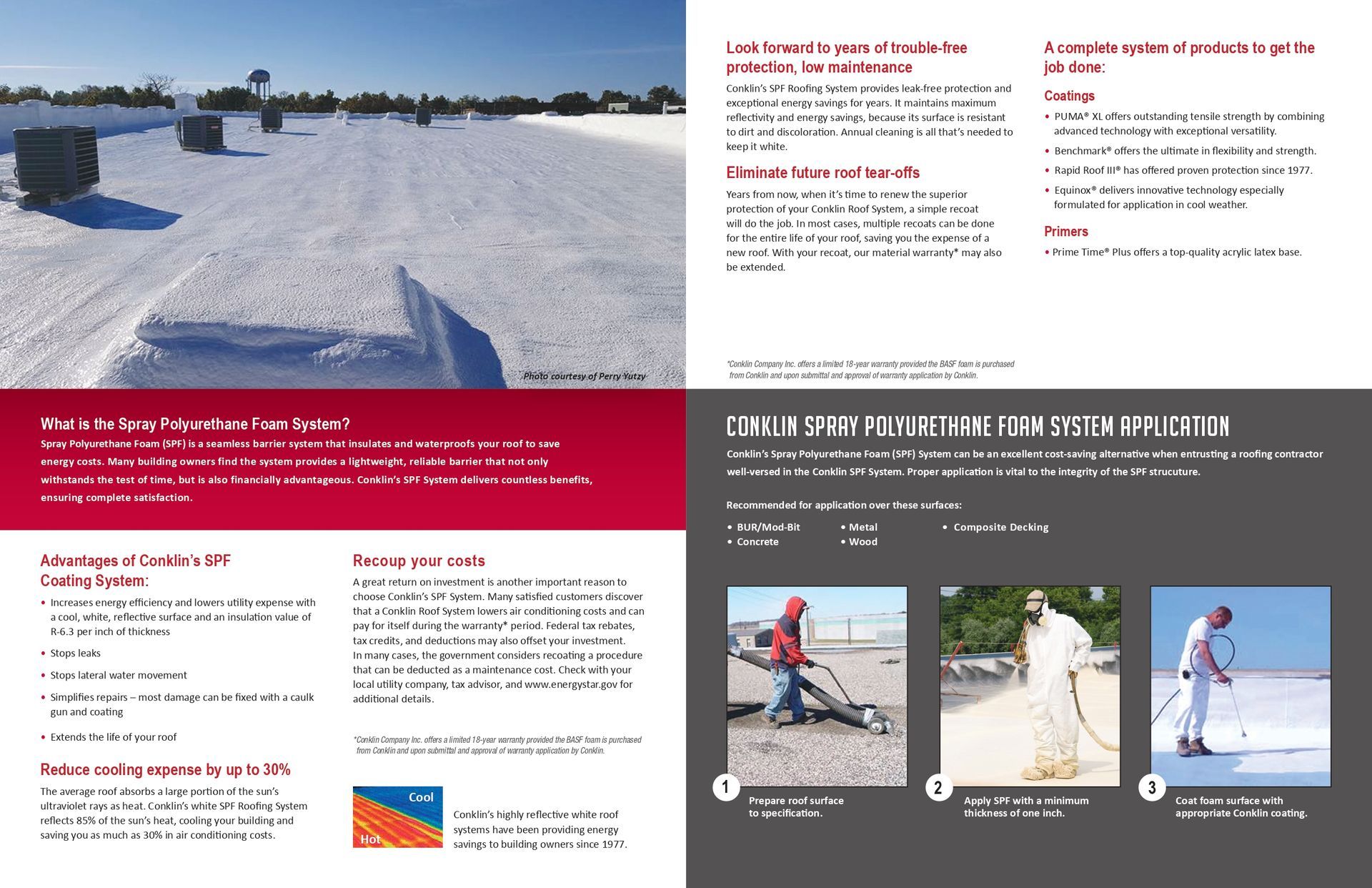 Snow-covered roof with equipment. Workers remove snow and apply coating. Instructions on snow removal and coating application.