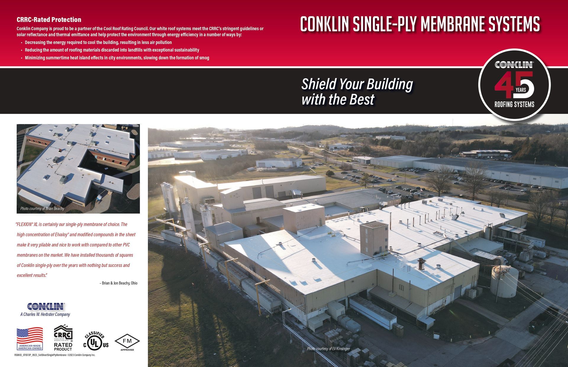 Conklin Single-Ply Membrane Systems brochure featuring an aerial view of a white commercial roof with surrounding industrial buildings.